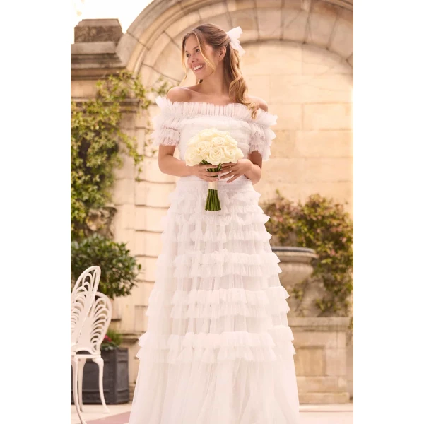 Needle & Thread Lisette Ruffle Off-Shoulder Gown in Swan White - Dresses - British Luxury Evening Wear at Luxury Shoes 