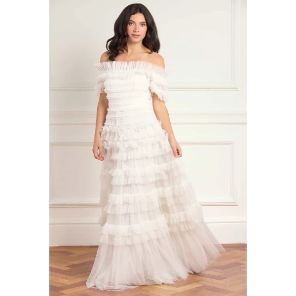 Needle & Thread Lisette Ruffle Off-Shoulder Gown in Swan White - Dresses - British Luxury Evening Wear at Luxury Shoes 