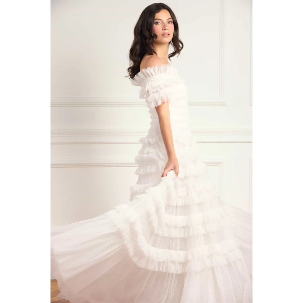 Needle & Thread Lisette Ruffle Off-Shoulder Gown in Swan White - Dresses - British Luxury Evening Wear at Luxury Shoes 