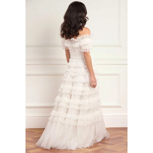 Needle & Thread Lisette Ruffle Off-Shoulder Gown in Swan White - Dresses - British Luxury Evening Wear at Luxury Shoes 