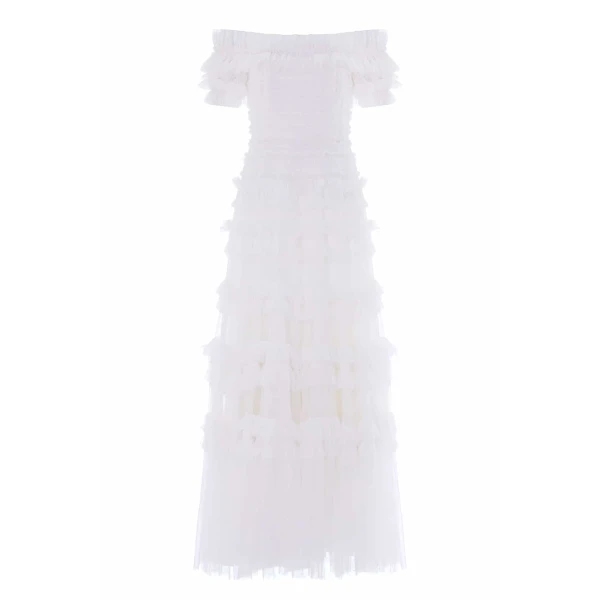 Needle & Thread Lisette Ruffle Off-Shoulder Gown in Swan White - Dresses - British Luxury Evening Wear at Luxury Shoes 