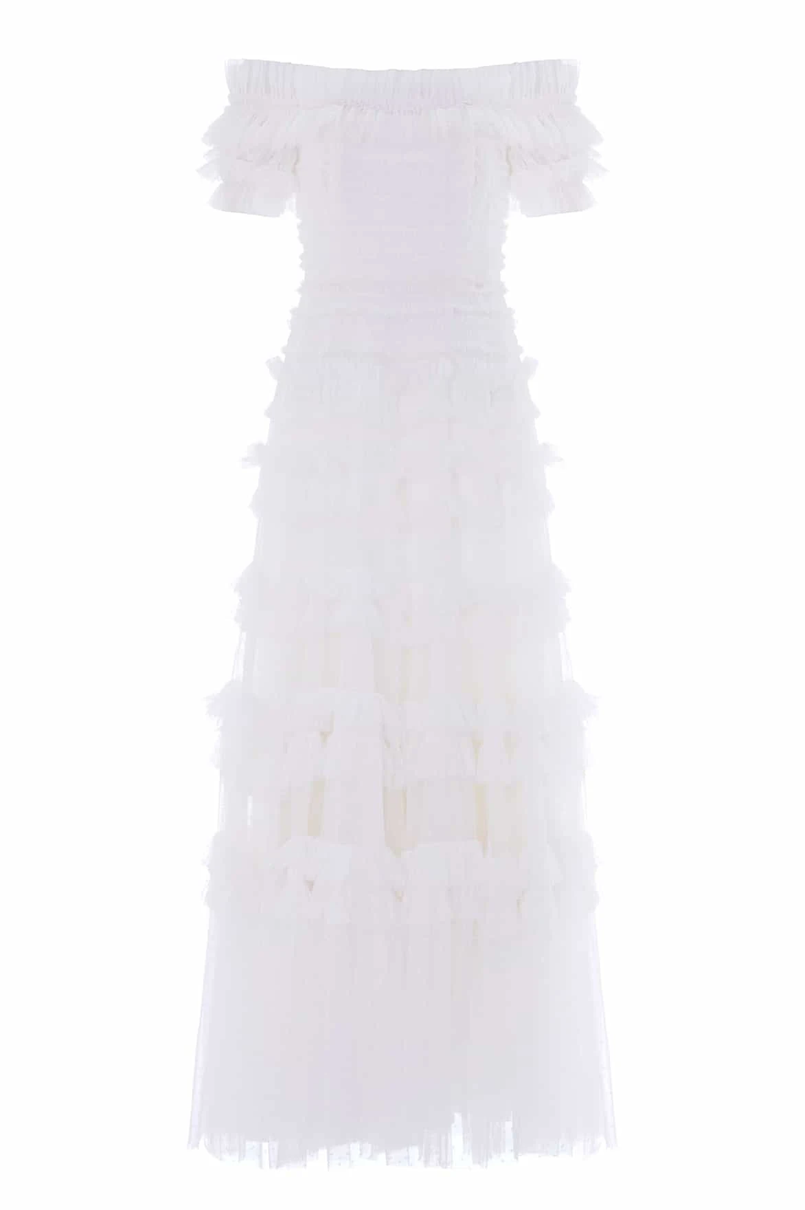 Needle & Thread Lisette Ruffle Off-Shoulder Gown in Swan White - Dresses - British Luxury Evening Wear at Luxury Shoes Needle & Thread Lisette Ruffle Off-Shoulder Gown in Swan White - Dresses - British Luxury Evening Wear at Luxury Shoes