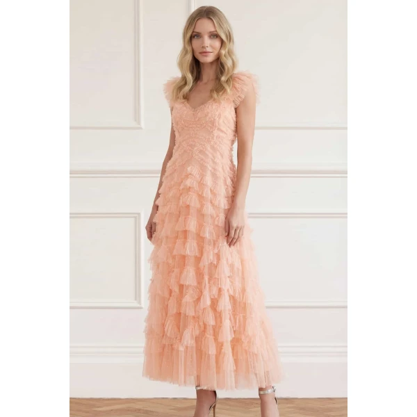 Needle & Thread Lola Backless Gown in Apricot Blush - Dresses - British Luxury Evening Wear at Luxury Shoes 