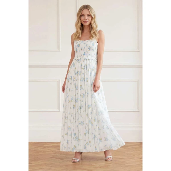 Needle & Thread Magnolia Ditsy Chiffon Smocked Cami Ankle Gown in White/Aqua - Dresses - British Luxury Evening Wear at Luxury Shoes 