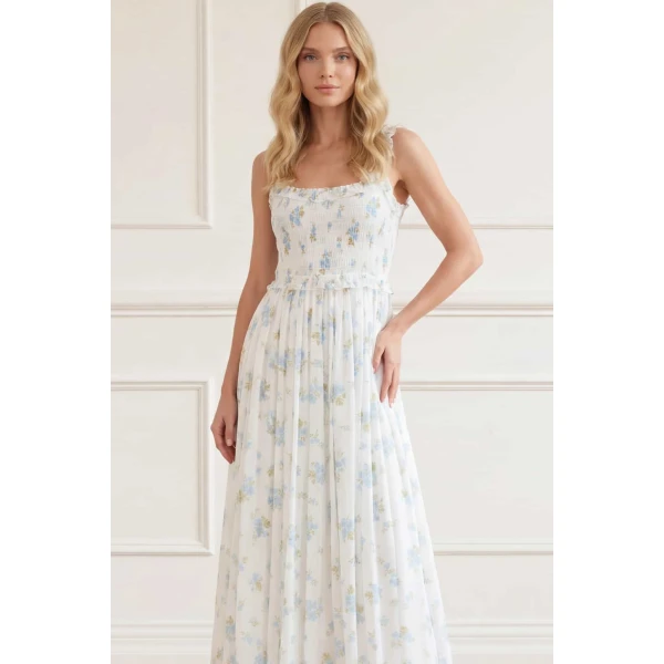 Needle & Thread Magnolia Ditsy Chiffon Smocked Cami Ankle Gown in White/Aqua - Dresses - British Luxury Evening Wear at Luxury Shoes 