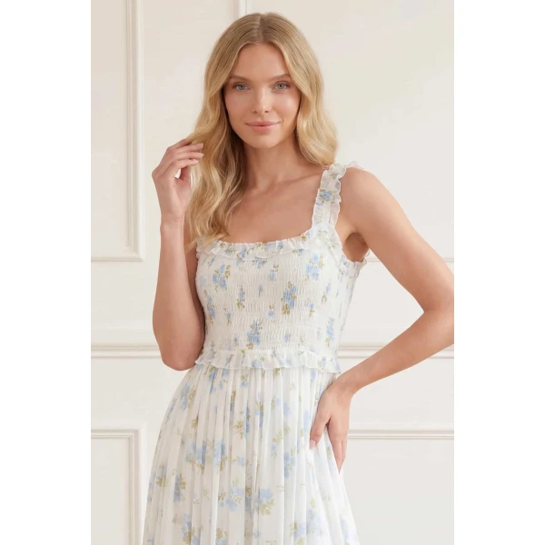 Needle & Thread Magnolia Ditsy Chiffon Smocked Cami Ankle Gown in White/Aqua - Dresses - British Luxury Evening Wear at Luxury Shoes 