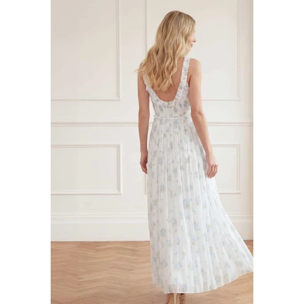 Needle & Thread Magnolia Ditsy Chiffon Smocked Cami Ankle Gown in White/Aqua - Dresses - British Luxury Evening Wear at Luxury Shoes 