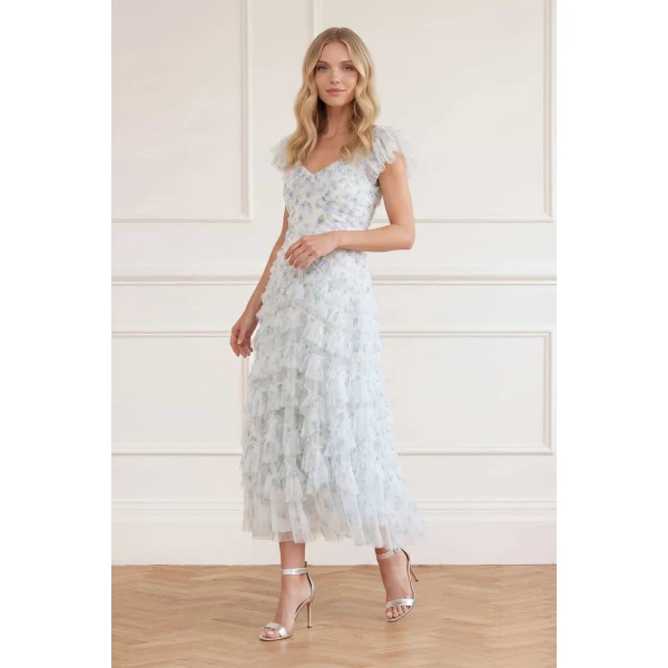 Needle & Thread Magnolia Ditsy Lola Backless Ballerina Dress in White/Aqua - Dresses - British Luxury Evening Wear at Luxury Shoes 