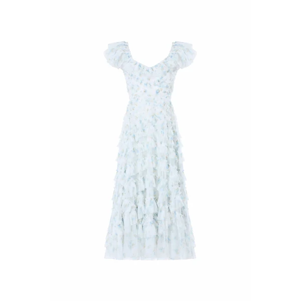 Needle & Thread Magnolia Ditsy Lola Backless Ballerina Dress in White/Aqua - Dresses - British Luxury Evening Wear at Luxury Shoes 