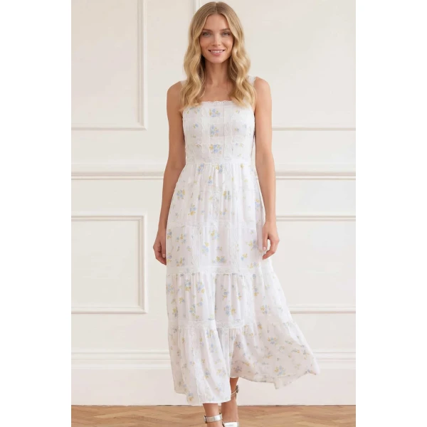 Needle & Thread Magnolia Ditsy Sophia Bib Ankle Gown in White/Aqua - Dresses - British Luxury Evening Wear at Luxury Shoes 