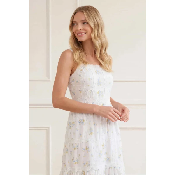 Needle & Thread Magnolia Ditsy Sophia Bib Ankle Gown in White/Aqua - Dresses - British Luxury Evening Wear at Luxury Shoes 