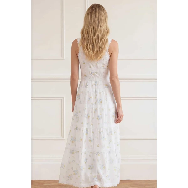 Needle & Thread Magnolia Ditsy Sophia Bib Ankle Gown in White/Aqua - Dresses - British Luxury Evening Wear at Luxury Shoes 