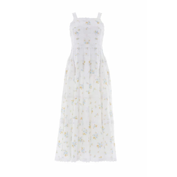 Needle & Thread Magnolia Ditsy Sophia Bib Ankle Gown in White/Aqua - Dresses - British Luxury Evening Wear at Luxury Shoes 