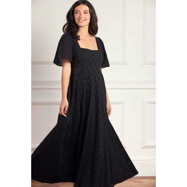Needle & Thread Marisol Cotton Broderie Short Sleeve Ankle Gown in Jet Black - Dresses - British Luxury Evening Wear at Luxury Shoes 