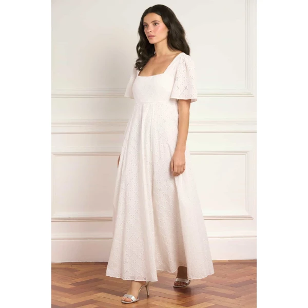 Needle & Thread Marisol Cotton Broderie Short Sleeve Ankle Gown in Optic White - Dresses - British Luxury Evening Wear at Luxury Shoes 