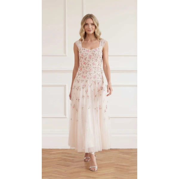 Needle & Thread Mayflower Ditsy Ankle Gown in Cream - Dresses - British Luxury Evening Wear at Luxury Shoes 