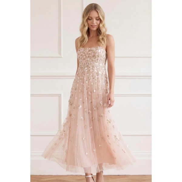 Needle & Thread Meadow Ditsy Cami Ankle Gown in Opal/Peach - Dresses - British Luxury Evening Wear at Luxury Shoes 