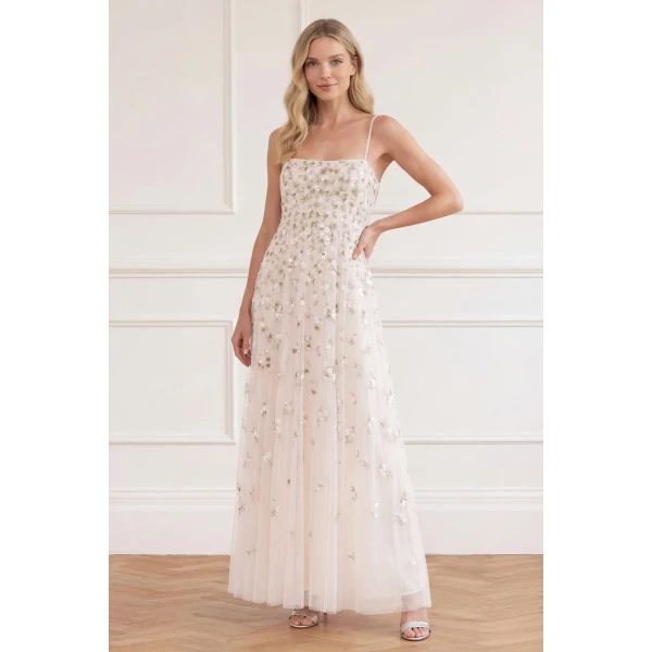 Needle & Thread Meadow Ditsy Cami Gown in Swan White/Peach - Dresses - British Luxury Evening Wear at Luxury Shoes 