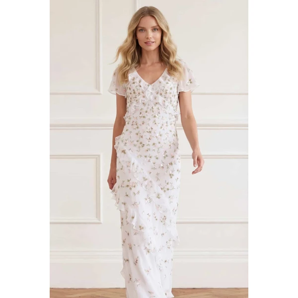 Needle & Thread Meadow Ditsy Georgette Gown in Swan White/Peach - Dresses - British Luxury Evening Wear at Luxury Shoes 