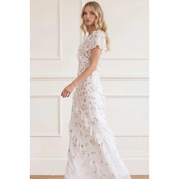 Needle & Thread Meadow Ditsy Georgette Gown in Swan White/Peach - Dresses - British Luxury Evening Wear at Luxury Shoes 