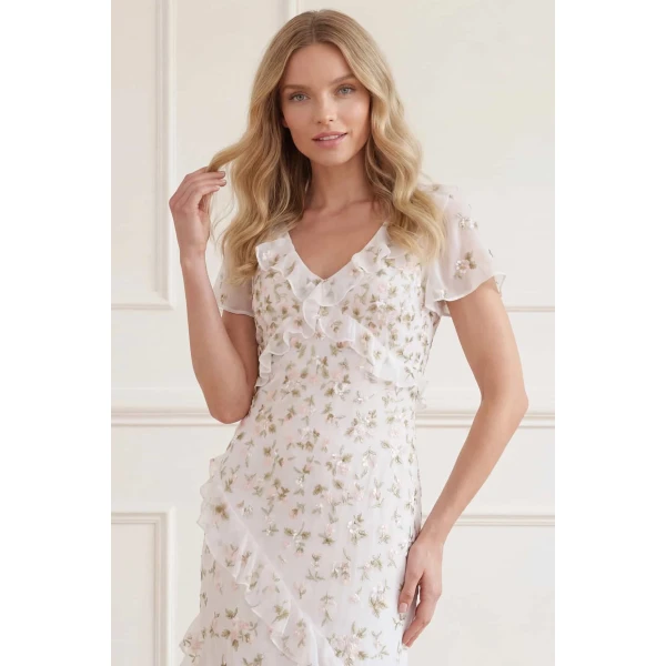 Needle & Thread Meadow Ditsy Georgette Gown in Swan White/Peach - Dresses - British Luxury Evening Wear at Luxury Shoes 