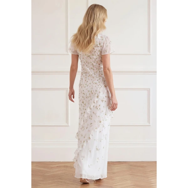 Needle & Thread Meadow Ditsy Georgette Gown in Swan White/Peach - Dresses - British Luxury Evening Wear at Luxury Shoes 