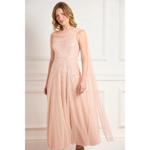 Needle & Thread Moonlight Sequin Ankle Gown in Biscuit - Dresses - British Luxury Evening Wear at Luxury Shoes 
