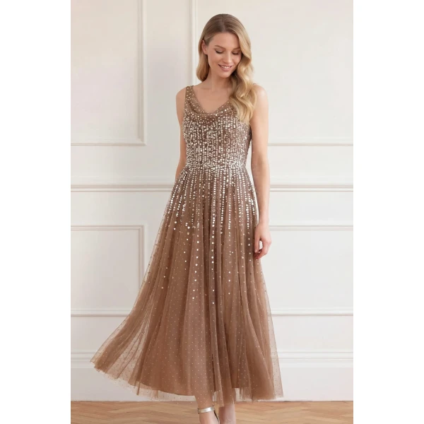 Needle & Thread Moonlight Sequin Cowl Neck Ankle Gown in Cocoa/Tawny - Dresses - British Luxury Evening Wear at Luxury Shoes 