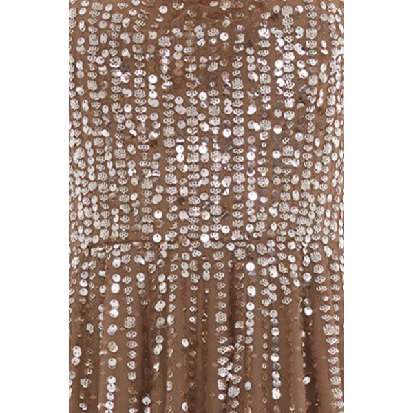 Needle & Thread Moonlight Sequin Cowl Neck Ankle Gown in Cocoa/Tawny - Dresses - British Luxury Evening Wear at Luxury Shoes 