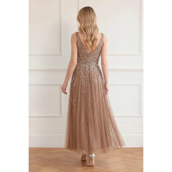 Needle & Thread Moonlight Sequin Cowl Neck Ankle Gown in Cocoa/Tawny - Dresses - British Luxury Evening Wear at Luxury Shoes 