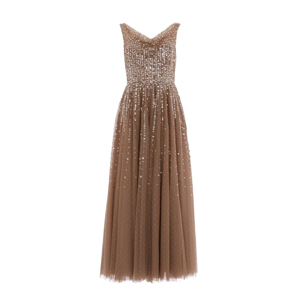Needle & Thread Moonlight Sequin Cowl Neck Ankle Gown in Cocoa/Tawny - Dresses - British Luxury Evening Wear at Luxury Shoes 