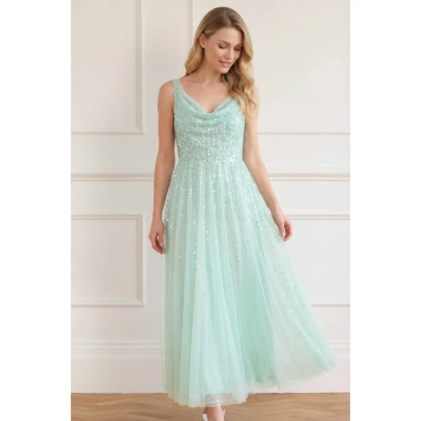 Needle & Thread Moonlight Sequin Cowl Neck Ankle Gown in Soft Mint - Dresses - British Luxury Evening Wear at Luxury Shoes 