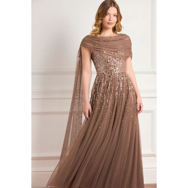 Needle & Thread Moonlight Sequin Draped Gown in Cocoa/Tawny - Dresses - British Luxury Evening Wear at Luxury Shoes 