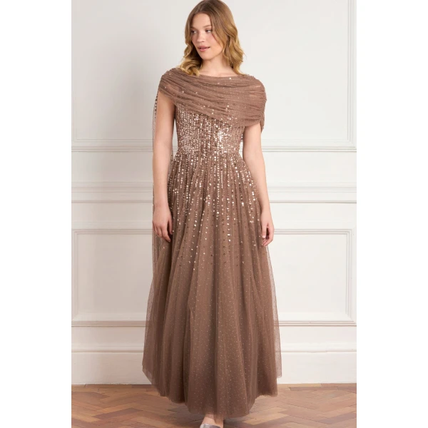 Needle & Thread Moonlight Sequin Draped Gown in Cocoa/Tawny - Dresses - British Luxury Evening Wear at Luxury Shoes 