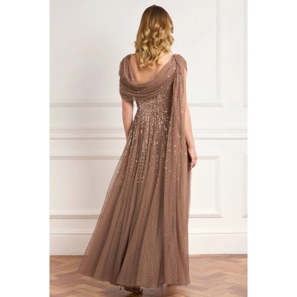 Needle & Thread Moonlight Sequin Draped Gown in Cocoa/Tawny - Dresses - British Luxury Evening Wear at Luxury Shoes 