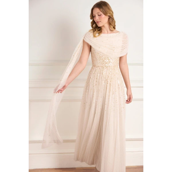 Needle & Thread Moonlight Sequin Draped Gown in Cream/Gold - Dresses - British Luxury Evening Wear at Luxury Shoes 