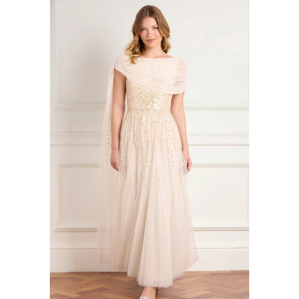 Needle & Thread Moonlight Sequin Draped Gown in Cream/Gold - Dresses - British Luxury Evening Wear at Luxury Shoes 