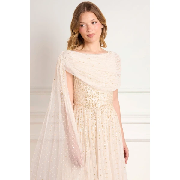 Needle & Thread Moonlight Sequin Draped Gown in Cream/Gold - Dresses - British Luxury Evening Wear at Luxury Shoes 