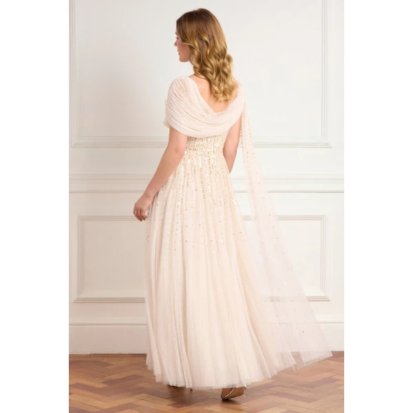 Needle & Thread Moonlight Sequin Draped Gown in Cream/Gold - Dresses - British Luxury Evening Wear at Luxury Shoes 