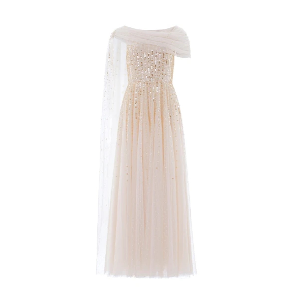 Needle & Thread Moonlight Sequin Draped Gown in Cream/Gold - Dresses - British Luxury Evening Wear at Luxury Shoes 