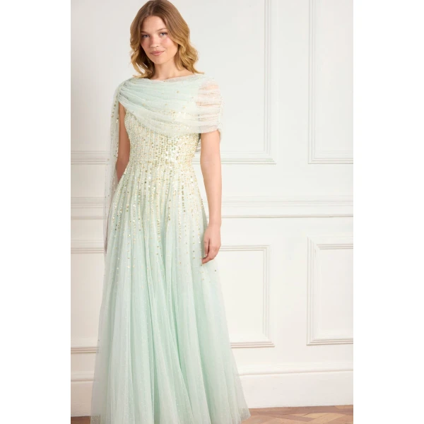 Needle & Thread Moonlight Sequin Draped Gown in Soft Mint/Gold - Dresses - British Luxury Evening Wear at Luxury Shoes 
