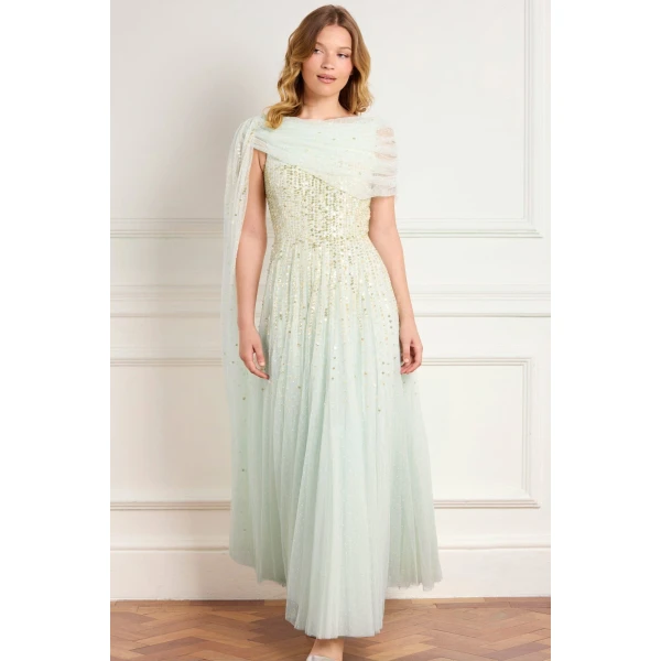 Needle & Thread Moonlight Sequin Draped Gown in Soft Mint/Gold - Dresses - British Luxury Evening Wear at Luxury Shoes 