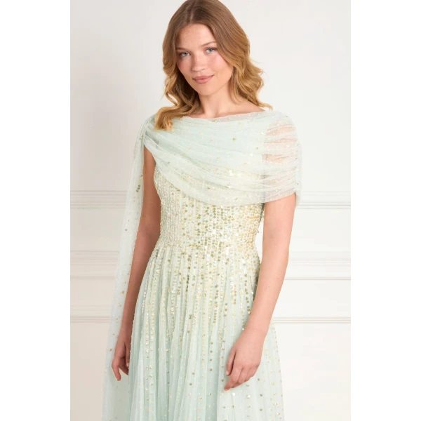 Needle & Thread Moonlight Sequin Draped Gown in Soft Mint/Gold - Dresses - British Luxury Evening Wear at Luxury Shoes 