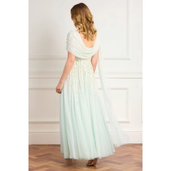 Needle & Thread Moonlight Sequin Draped Gown in Soft Mint/Gold - Dresses - British Luxury Evening Wear at Luxury Shoes 