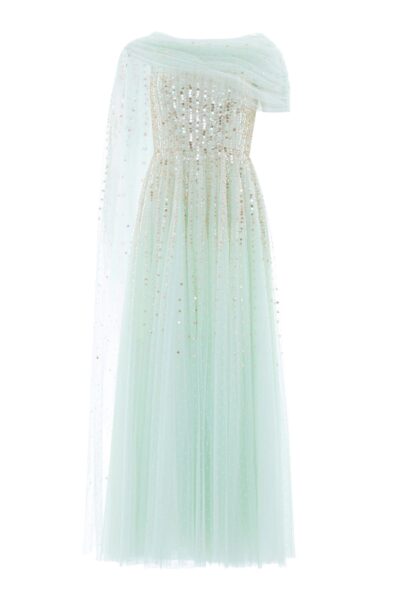 Needle & Thread Moonlight Sequin Draped Gown in Soft Mint/Gold - Dresses - British Luxury Evening Wear at Luxury Shoes 