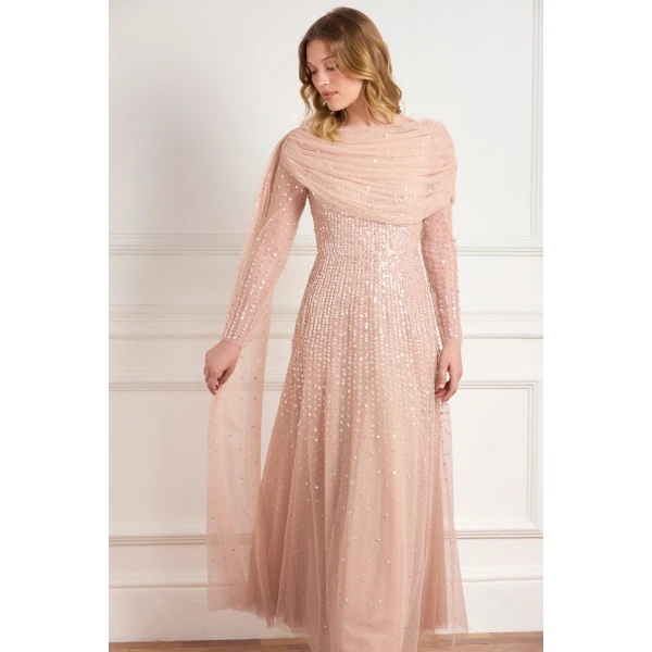 Needle & Thread Moonlight Sequin Draped Long Sleeve Gown in Biscuit - Dresses - British Luxury Evening Wear at Luxury Shoes 