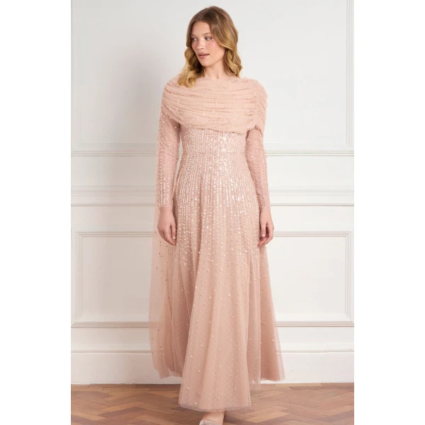 Needle & Thread Moonlight Sequin Draped Long Sleeve Gown in Biscuit - Dresses - British Luxury Evening Wear at Luxury Shoes 