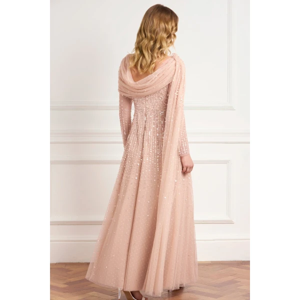 Needle & Thread Moonlight Sequin Draped Long Sleeve Gown in Biscuit - Dresses - British Luxury Evening Wear at Luxury Shoes 