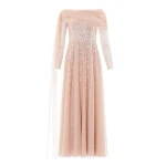 Needle & Thread Moonlight Sequin Draped Long Sleeve Gown in Biscuit - Dresses - British Luxury Evening Wear at Luxury Shoes 