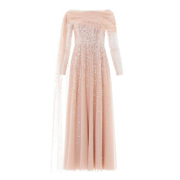 Needle & Thread Moonlight Sequin Draped Long Sleeve Gown in Biscuit - Dresses - British Luxury Evening Wear at Luxury Shoes 
